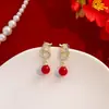 Pendientes Estilo Chino Año Zodiacal Festivo Aguja de Plata, Carácter de Fortuna Rojo Corazón Hueco Despertar del León Pendientes Asimétricos con Electrochapado