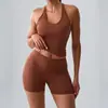 Conjunto de Traje de Yoga Cepillado Europeo y Americano de Cintura Alta Levanta Glúteos Trasero de Durazno Pantalones Cortos Deportivos Chaleco de Espalda Hermosa Conjunto de Fitness