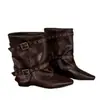 Moda 2026 novo estilo botas de cavaleiro de perna larga com bico quadrado e fivela de cinto para mulheres, botas de moda de couro francês para o outono