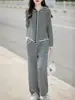 Conjunto de Suéter 100% Lã Pura Feminino com Capuz Manga Longa Cardigan Tricotado Jaqueta Cintura Elástica Calça Casual de Perna Larga Conjunto de Duas Peças