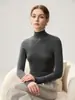 Suéter feminino Yangzi de malha fina com 18 pontos, 100% lã pura, gola alta, mangas compridas, estilo pullover, caimento justo, camada base