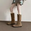 2026 Início do Outono Novas Botas de Cavaleiro de Cano Reto Não Acima do Joelho Bico Redondo Meio da Panturrilha Botas Franzidas Botas Altas Botas de Cowboy Western