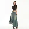 Falda de Mezclilla Naranja Infantil # Borde Crudo Irregular para Mujer, Holgada y Ajustada, Diseño Lavado y Desgastado, Falda Larga Versátil de Corte A
