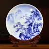 Ornamento de Prato de Porcelana Azul e Branco de Jingdezhen Pintura de Paisagem Antiga Artesanato Cerâmico Prato de Assento Prato de Apreciação Decorações Chinesas Novas