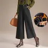 Pantalones de lana de pierna ancha para otoño e invierno, holgados y estilizados, para mujeres petite, pantalones casuales rectos cropped con forro polar