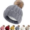 Gorro de tricô de inverno transfronteiriço com pompom, cor sólida, quente com veludo, acrílico, feminino, grosso, gorro pulôver, gorro de lã para pais e filhos