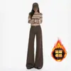 Jeans Laranja Infantil com Forro de Fleece, Antiaderente nas Pernas, Micro Flare, Jeans Feminino Stretch, Solto, Modelador, Quente, Fashion, Versátil, Boca de Sino, Tendência