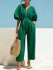 Colección de verano nueva 2026 sitio web independiente transfronterizo de Amazon europeo y americano: elegante y moderno mono de algodón y lino de color liso con cuello en V para mujer