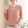 Roupa de Outono da Mamãe Elegante Top Térmico de Tricô Moda Novo Estilo para Mulheres de Meia-Idade e Idosas Gola Redonda Manga Longa Tricô Fino