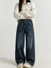 Jeans da moda e simples estilo coreano, corte solto para mulheres, nova coleção outono/inverno 2026, calça azul de cintura alta e perna larga, versátil para mulheres