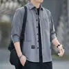 Camisa de Trabalho Fina com Mangas Três Quartos, Camisa Casual de Manga Meia-Manga, Blusa Masculina de Manga Longa, Camisa Masculina Fina Versátil de Manga Curta