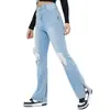 Calça jeans flare rasgada de cintura alta para mulheres, corte solto, calça azul clara com lavagem vintage, moderna