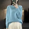Suéter base de punto 100% lana sin costuras de una sola pieza estilo coreano con cuello semi-alto hueco, color liso, nuevo para otoño e invierno, para mujer