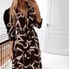Estación Independiente Comercio Exterior Europeo y Americano Vestido Transfronterizo para Mujer Cuello en V Primavera y Otoño Estampado Botón Manga Larga Vestido con Cordones