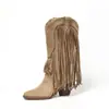 Botas western populares de flecos retro, duraderas y versátiles, apertura en forma de V, a media pantorrilla, tacón grueso, punta redonda, botas de tacón alto para mujer de otoño