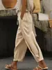 Pantalones de mujer con cordón, estilo europeo y americano, cintura elástica para uso diario, color liso, bolsillos laterales, casual moderno nuevo modelo, pantalones largos transfronterizos, pantalones casuales de algodón y lino
