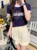 Top Curto de Algodão Puro para Mulheres Verão 2025 Novo Estilo Coreano Slim Cintura Alta Umbigo à Mostra Look Emagrecedor Manga Curta Camiseta Americana Mangas Curtas