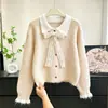 Cardigan de renda com laço estilo coreano inspirado na Chanel para mulheres, novo outono e inverno, malha macia e aconchegante de modelagem solta
