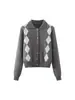 Comércio Exterior Transfronteiriço 2026 Primavera Novo Estilo Estilo Britânico Gola Lapela Padrão Diamante Cardigã de Tricô Casual Versátil Afinando Top