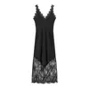 Comércio Exterior Transfronteiriço Roupas Femininas Primavera 2026 Estilo Francês Europeu e Americano Vestido de Cetim Elegante e Sexy Embelezado com Renda de Cílios para Mulheres