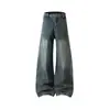 Calça jeans masculina estilo workwear americano, com retalhos e barra curva, marca trendy cleanfit, calça longa com caimento casual solto e perna larga