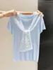 Top de Verano para Mujer de Punto Fino Hueco Color Crema de Manga Corta Estilo Ins con Chal, Camiseta Elegante y de Alta Gama