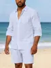 Conjunto de Moda Casual para Hombre: Camisas Casuales de Lino de Manga Larga Nuevas, Shorts de Lino de Cinco Puntos