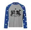 Camiseta unisex de punto gofrado de manga larga, estilo callejero americano retro, retazos con estampado de estrellas, dos piezas simuladas, para primavera y otoño