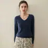 Suéter Básico de Gola V em Cashmere Puro Pronto para Vestir para Mulheres Novo Cor Pura Manga Longa Solto Simples Pulôver Básico para Mulheres