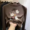 Ropa infantil versátil: nuevos estilos de otoño e invierno de tops forrados de felpa para niñas, con cuello semi-alto, diseñados para niños mayores, que brindan calidez y un look casual