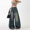 Jeans Scimitar Azul Retrô Americano, Caimento Solto e Fluido, para Mulheres, Novo Design Tendência de Cintura Alta, Calça de Perna Larga em Formato de Pera