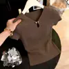 Elegante top de punto con cuello en V, mangas acampanadas de seda helada y diseño calado para mujer, camiseta versátil de verano ligera, top holgado y de aspecto juvenil