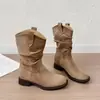 Piel suave~Botines cortos plisados estilo western para mujer, estilo vintage otoño e invierno 2026, botas de moda de altura media hasta la pantorrilla para mujeres petite
