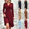 Vestido midi de manga larga plisado cruzado, de color liso, con escote en V y cintura ceñida, estilo nuevo transfronterizo europeo y americano, para mujer, 2026