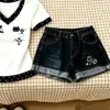 Conjunto de Verano para Niñas Diseño Estilo Coreano Manga Corta 2026 Nuevo Verano Suelto Casual Shorts de Mezclilla Conjunto de Dos Piezas