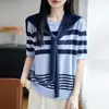 Nuevo Suéter de Punto Fino de Lana con Cuello Redondo, Manga Corta, Bufanda, Rayas Bloque de Color, Suéter Pulóver Camiseta