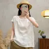 Top Juvenil Elegante de Algodón y Lino para Mujer, Estilo Nuevo de Verano 2026, Artístico, Cuello Redondo, Encaje Hueco, Patchwork, Manga Corta