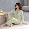 Algodón PuroNuevo Otoño para Mujer Manga Larga Cuello Redondo Estampado Floral Estilo Dulce Corte Holgado Conjunto de Ropa para el Hogar