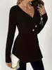 Moda feminina europeia e americana transfronteiriça 2026 Amazon outono e inverno novo top elegante de cor sólida com decote em V e manga longa slim fit