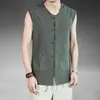 Colete de Linho Estilo Chinês de Verão para Homens, Colete Retro Sem Mangas de Caimento Solto com Design de Botões, Colete de Algodão-Linho Estilo Chinês Hanfu