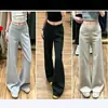 Pantalones de pierna ancha con microcampana de lunares para mujer, nuevo estilo de otoño, cintura alta, corte ajustado con bolsillos, acampanados para petite, pantalones casuales