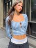 Roupas Femininas Europeias e Americanas Mais Vendidas Moda Verão 2025 Cardigã com Estampa Xadrez Manga Longa Botões Slim Camiseta Comércio Exterior Atacado