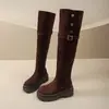 Botas de caña alta con plataforma gruesa para mujer 2026, moda estilo coreano con hebilla de cinturón, adelgazantes y que realzan la altura, usables de dos maneras y plegables