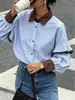 Camisa Feminina Top Manga Longa Listrada Solta Casual Estilo Coreano Estilo College Coleção Outono 2026 Europeia e Americana