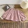 Camisa Feminina Estilo Coreano Bordada com Flores Manga Longa Camisa Boneca Primavera e Outono Nova Bebê Estilosa Versátil Manga Bufante Roupa Infantil