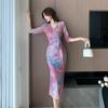 Estilo Suave, Lujo Accesible, Femenino, Mangas de Tres Cuartos, Cuello en V, Estampado Arcoíris, Aspecto Adelgazante, Corte Ajustado, Vestido de Moda y Versátil