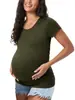 Amazon Europa Verano Camiseta de Manga Corta de Maternidad Color Sólido Estampado Cuello Redondo Elástica Ropa de Maternidad Superior Ropa Exterior