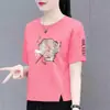 Roupa Mãe Transfronteiriça Novo Estilo Chinês, Camiseta Manga Curta para Mulheres de Meia-Idade, Blusa Meia-Manga Feminina Solta Plus Size, Camiseta Básica