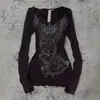 2025 Nuevo Otoño e Invierno Subcultura Americana Gótico Estilo Oscuro Sexy Camiseta de Manga Larga Estampada con Pedrería Retro
