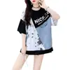 Camiseta Jeans Patchwork Estilo Europeu e Americano para Mulheres, Comprimento Médio, Nova Coleção Verão 2026, Tamanho Grande, Algodão, Gola Redonda, Manga Curta para Mulheres, Atacado